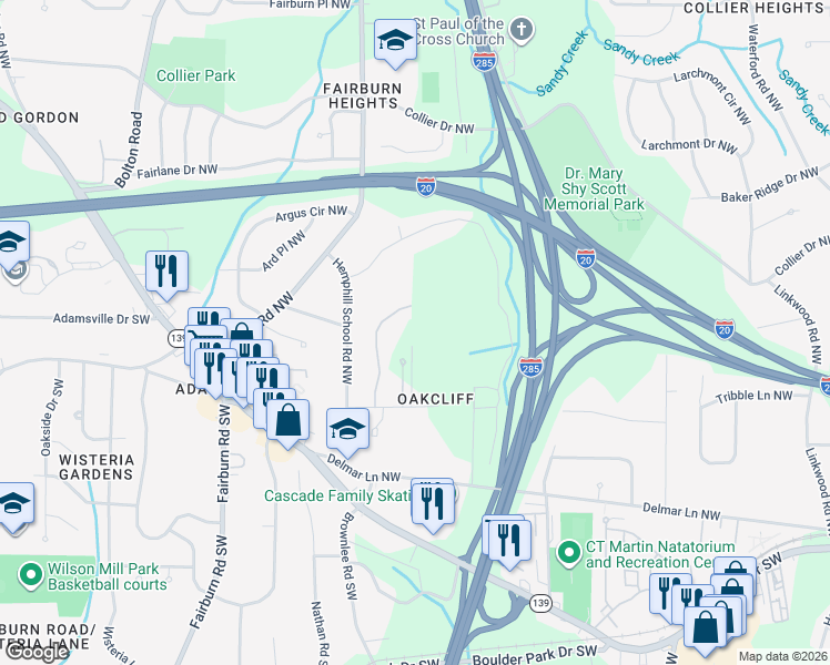 map of restaurants, bars, coffee shops, grocery stores, and more near 3383 Oakcliff Road Northwest in Atlanta