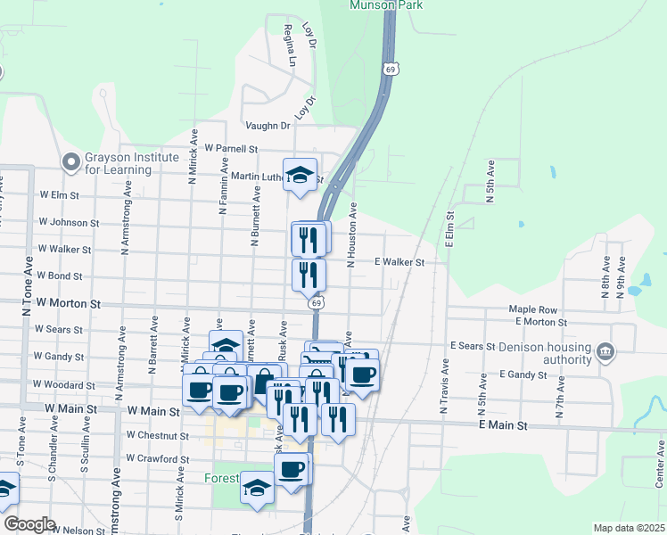 map of restaurants, bars, coffee shops, grocery stores, and more near 129 West Walker Street in Denison