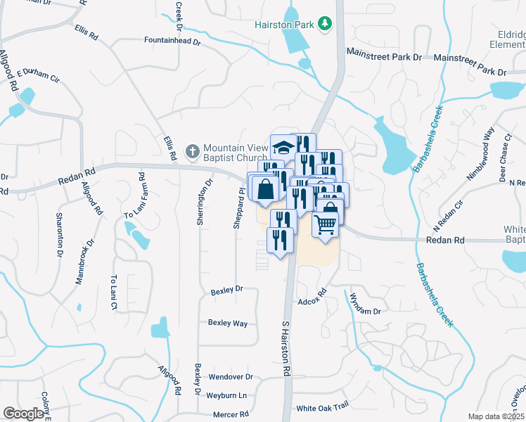 map of restaurants, bars, coffee shops, grocery stores, and more near 4783 Redan Road in Stone Mountain