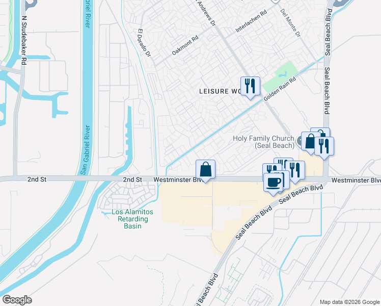map of restaurants, bars, coffee shops, grocery stores, and more near 1312 Golden Rain Road in Seal Beach