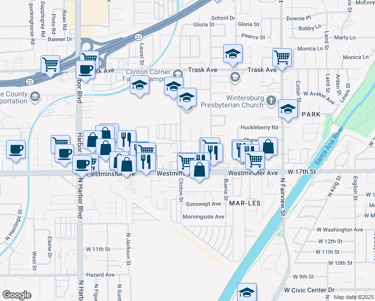map of restaurants, bars, coffee shops, grocery stores, and more near 13882 Clinton Street in Garden Grove