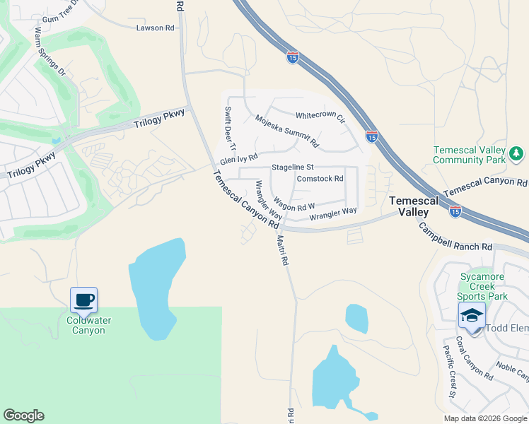 map of restaurants, bars, coffee shops, grocery stores, and more near 10129 Wrangler Way in Corona