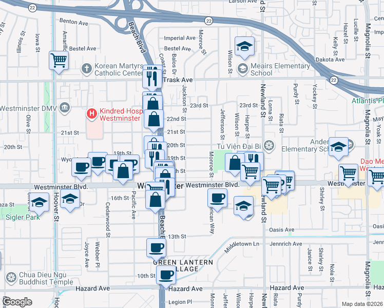 map of restaurants, bars, coffee shops, grocery stores, and more near 8149 20th Street in Westminster