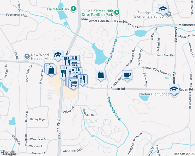 map of restaurants, bars, coffee shops, grocery stores, and more near 1105 Mainstreet Valley Drive in Stone Mountain