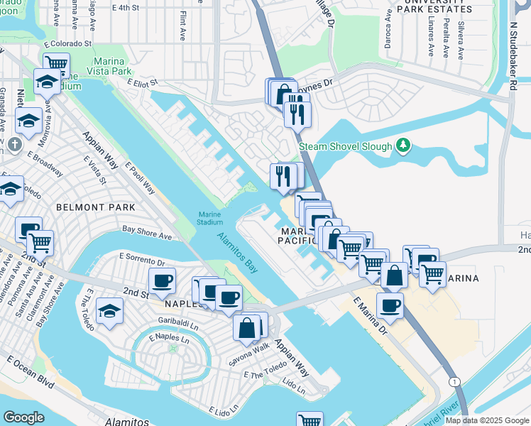 map of restaurants, bars, coffee shops, grocery stores, and more near 5109 Marina Pacifica Drive in Long Beach
