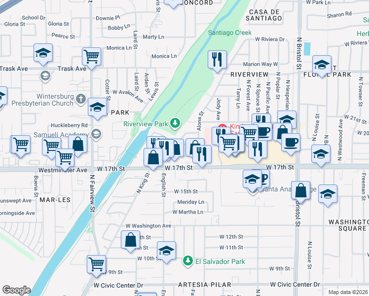 map of restaurants, bars, coffee shops, grocery stores, and more near 1906 English Street in Santa Ana