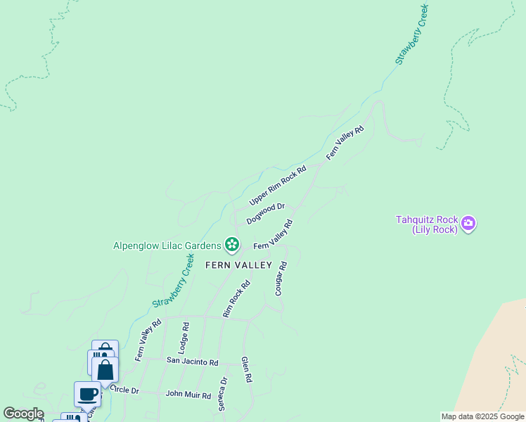 map of restaurants, bars, coffee shops, grocery stores, and more near 24730 Upper Rim Rock Road in Idyllwild-Pine Cove