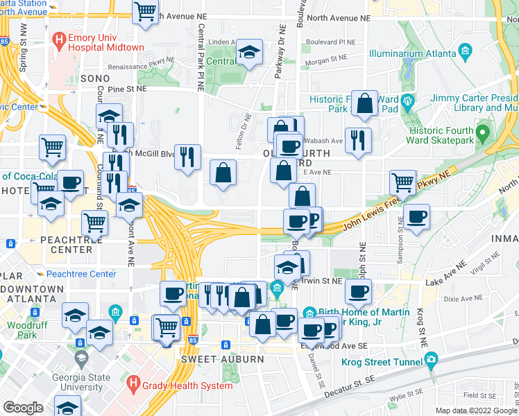 map of restaurants, bars, coffee shops, grocery stores, and more near Highland Avenue Northeast & Jackson Street Northeast in Atlanta