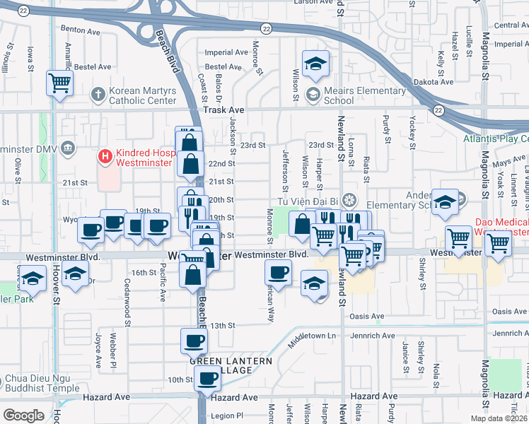 map of restaurants, bars, coffee shops, grocery stores, and more near 8219 19th Street in Westminster