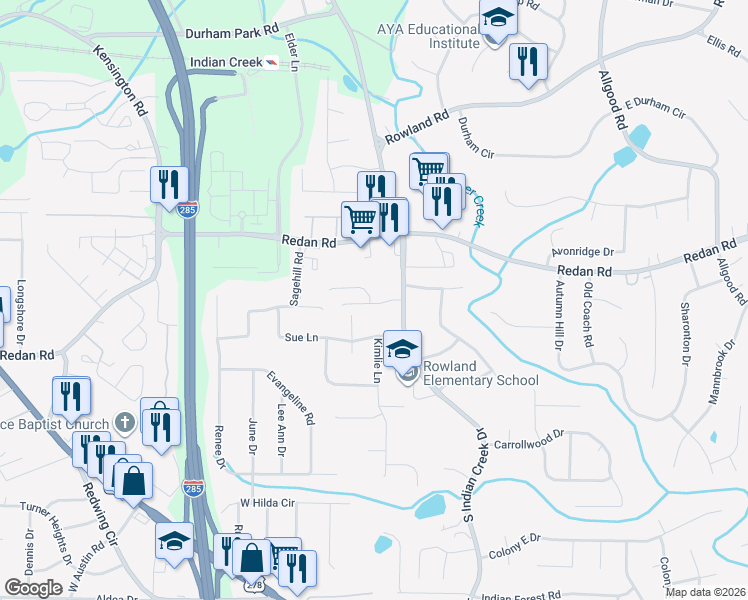 map of restaurants, bars, coffee shops, grocery stores, and more near 1108 Crossings Court in Stone Mountain