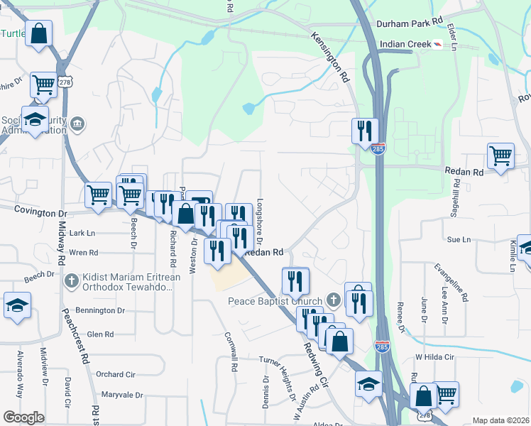 map of restaurants, bars, coffee shops, grocery stores, and more near 1109 Longshore Drive in Decatur