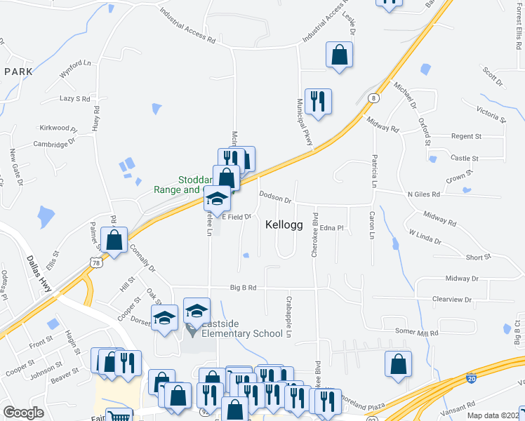 map of restaurants, bars, coffee shops, grocery stores, and more near 7972 East Field Drive in Douglasville
