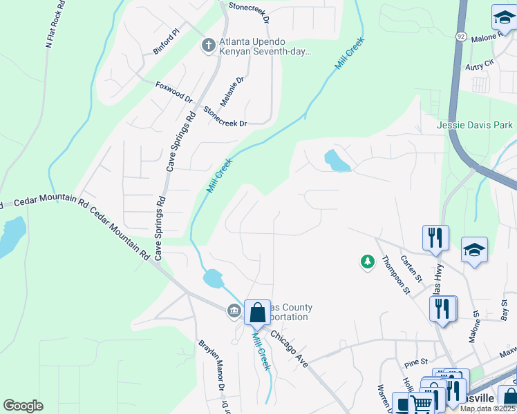 map of restaurants, bars, coffee shops, grocery stores, and more near 7104 Skippingstone Way in Douglasville
