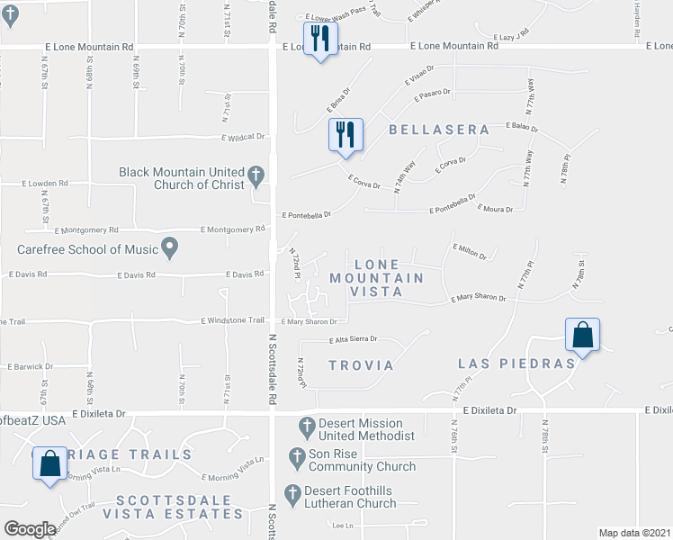map of restaurants, bars, coffee shops, grocery stores, and more near 30448 North 73rd Street in Scottsdale