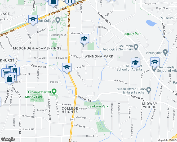 map of restaurants, bars, coffee shops, grocery stores, and more near 120 Candler Oaks Lane in Decatur