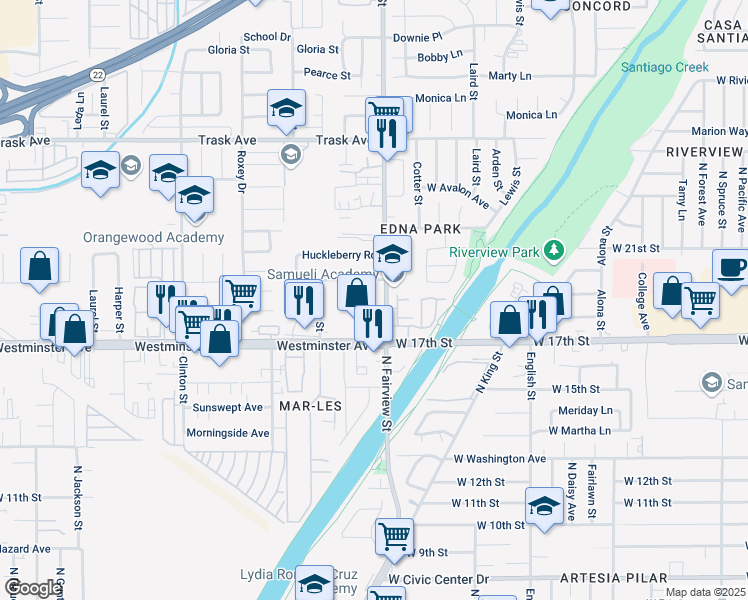 map of restaurants, bars, coffee shops, grocery stores, and more near 2502 Strawberry Lane in Santa Ana