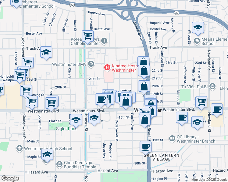 map of restaurants, bars, coffee shops, grocery stores, and more near 210 Hospital Circle in Westminster