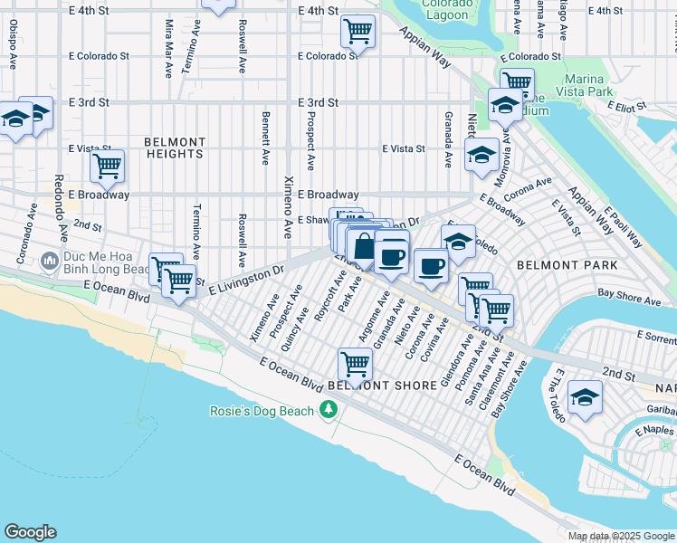 map of restaurants, bars, coffee shops, grocery stores, and more near 4701 2nd Street in Long Beach