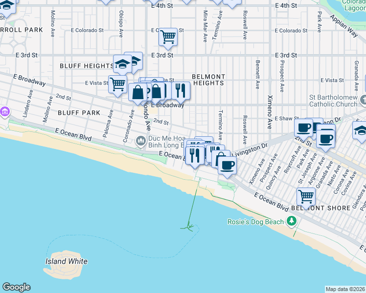 map of restaurants, bars, coffee shops, grocery stores, and more near 3656 East First Street in Long Beach
