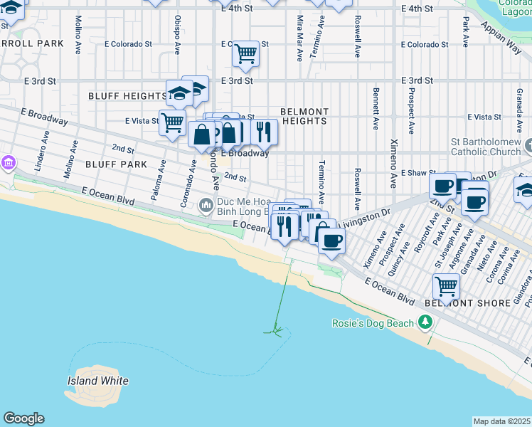 map of restaurants, bars, coffee shops, grocery stores, and more near 3665 East 1st Street in Long Beach