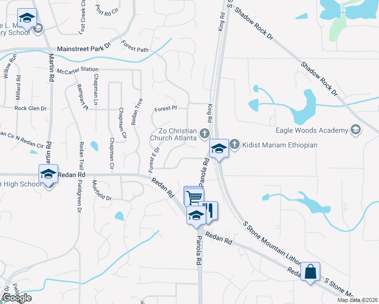 map of restaurants, bars, coffee shops, grocery stores, and more near 5452 Forest East Lane in Stone Mountain