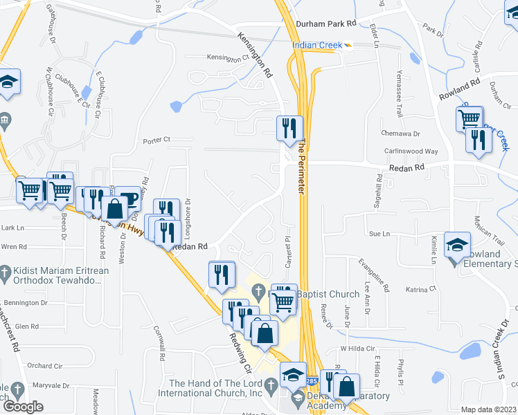 map of restaurants, bars, coffee shops, grocery stores, and more near 1116 Oakwood Manor Court in Decatur
