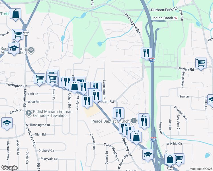 map of restaurants, bars, coffee shops, grocery stores, and more near 1109 Longshore Drive in Decatur