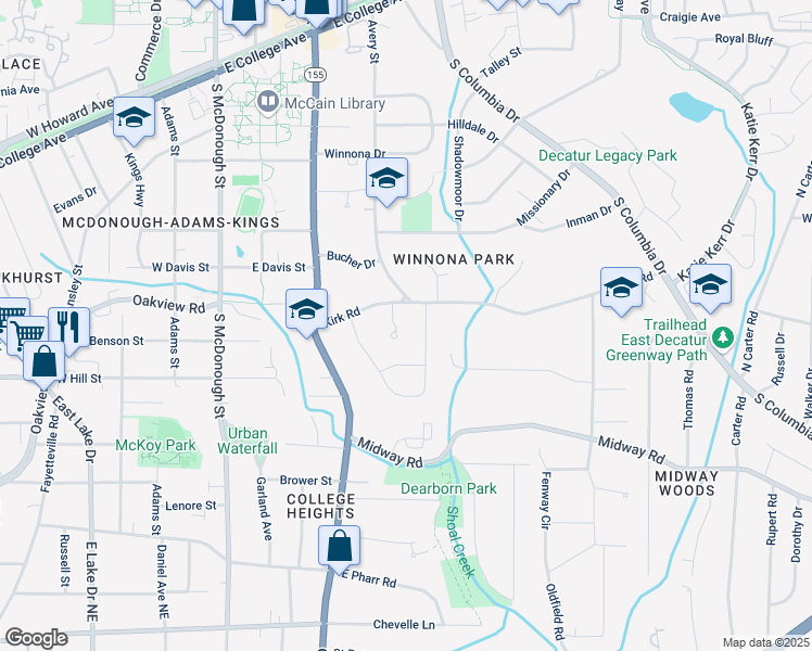 map of restaurants, bars, coffee shops, grocery stores, and more near 120 Candler Oaks Lane in Decatur