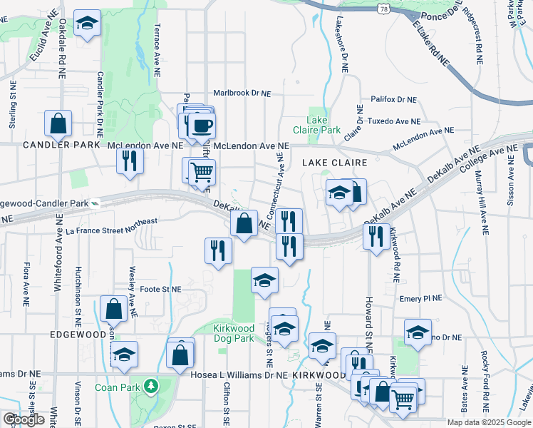 map of restaurants, bars, coffee shops, grocery stores, and more near 1761 New York Avenue Northeast in Atlanta