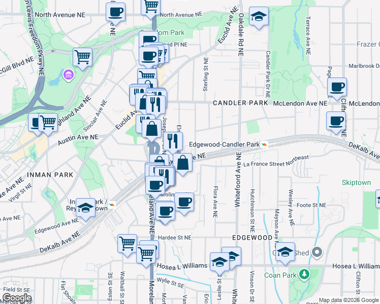 map of restaurants, bars, coffee shops, grocery stores, and more near 1258 DeKalb Avenue Northeast in Atlanta