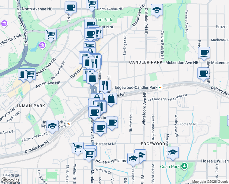 map of restaurants, bars, coffee shops, grocery stores, and more near 283 Elmira Place Northeast in Atlanta