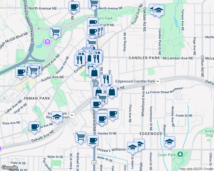 map of restaurants, bars, coffee shops, grocery stores, and more near 279 Josephine Street Northeast in Atlanta