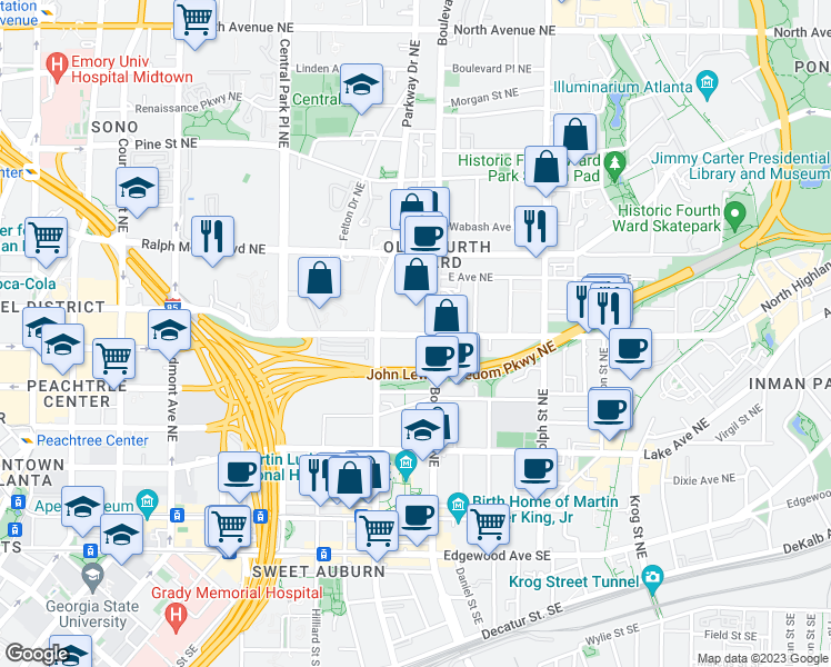 map of restaurants, bars, coffee shops, grocery stores, and more near 261 Parkway Drive Northeast in Atlanta