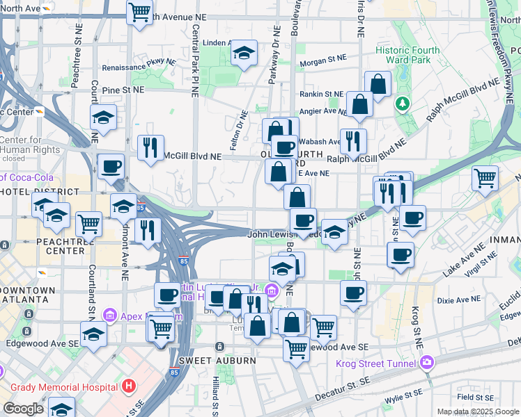 map of restaurants, bars, coffee shops, grocery stores, and more near 433 Highland Avenue Northeast in Atlanta