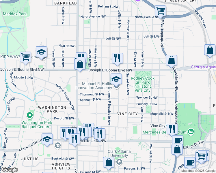 map of restaurants, bars, coffee shops, grocery stores, and more near 246 James P Brawley Drive Northwest in Atlanta