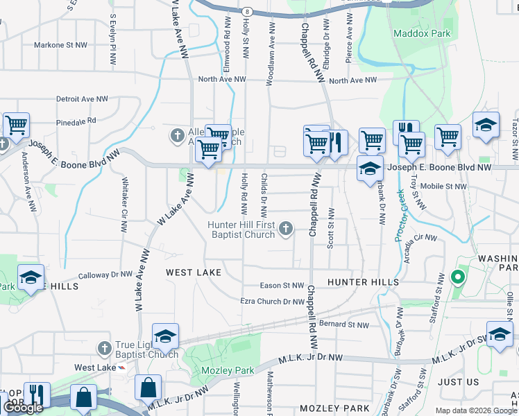 map of restaurants, bars, coffee shops, grocery stores, and more near 251 Childs Drive Northwest in Atlanta