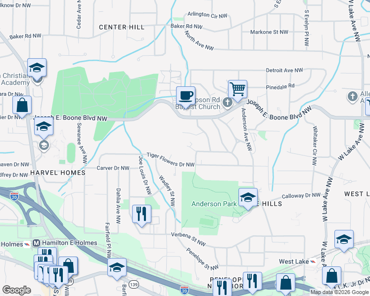 map of restaurants, bars, coffee shops, grocery stores, and more near 2094 Morehouse Drive Northwest in Atlanta