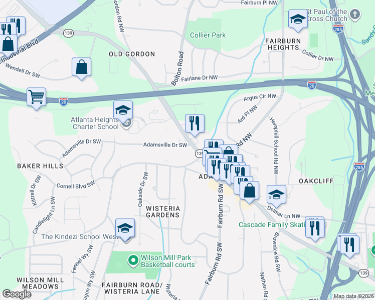 map of restaurants, bars, coffee shops, grocery stores, and more near 2530 Martin Luther King Junior Drive Southwest in Atlanta
