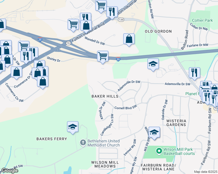 map of restaurants, bars, coffee shops, grocery stores, and more near 4054 Princeton Place Southwest in Atlanta