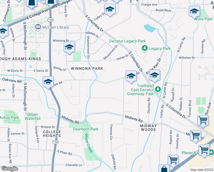 map of restaurants, bars, coffee shops, grocery stores, and more near 715 Kirk Road in Decatur