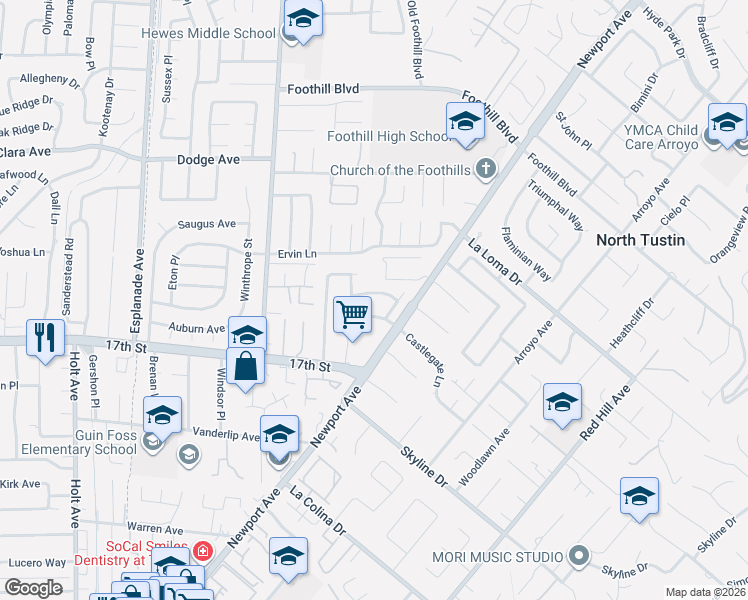 map of restaurants, bars, coffee shops, grocery stores, and more near 19002 Chadbourne Lane in Santa Ana
