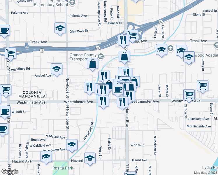map of restaurants, bars, coffee shops, grocery stores, and more near 13831 Seaboard Circle in Garden Grove