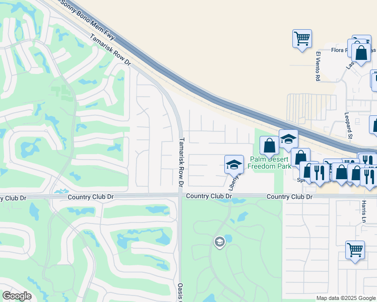 map of restaurants, bars, coffee shops, grocery stores, and more near 102 Tesori Drive in Palm Desert