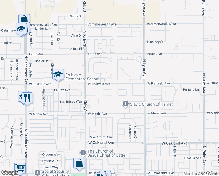 map of restaurants, bars, coffee shops, grocery stores, and more near 2194 Daisy Way in Hemet