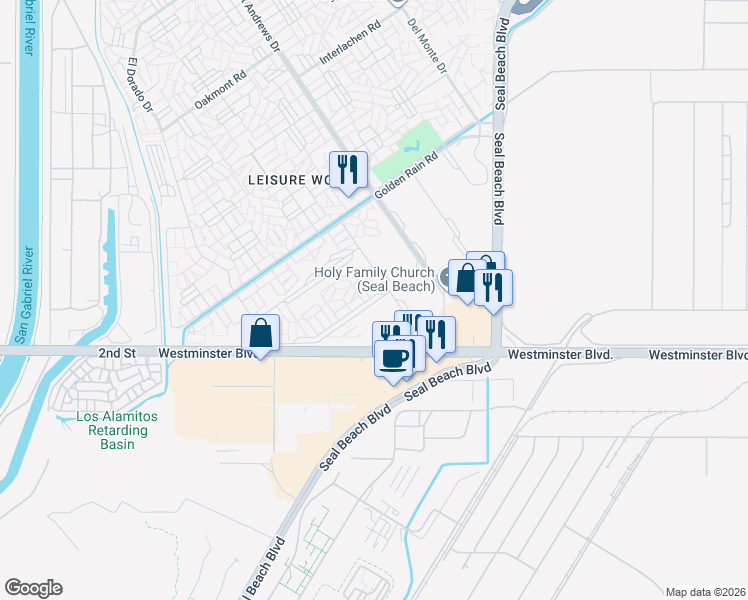map of restaurants, bars, coffee shops, grocery stores, and more near 1661 Monterey Road in Seal Beach