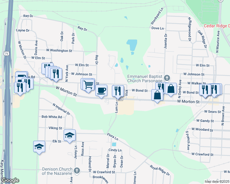 map of restaurants, bars, coffee shops, grocery stores, and more near 2322 West Walker Street in Denison