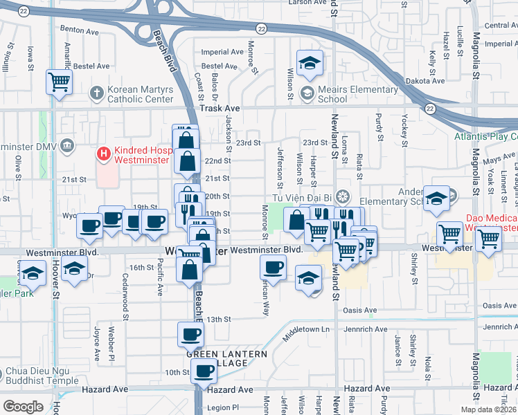 map of restaurants, bars, coffee shops, grocery stores, and more near 8221 19th Street in Westminster