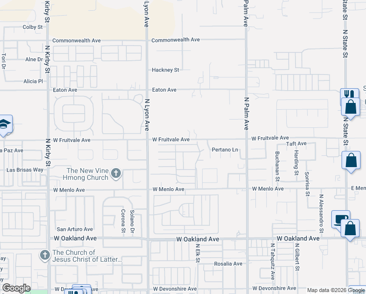 map of restaurants, bars, coffee shops, grocery stores, and more near 1300 West Menlo Avenue in Hemet