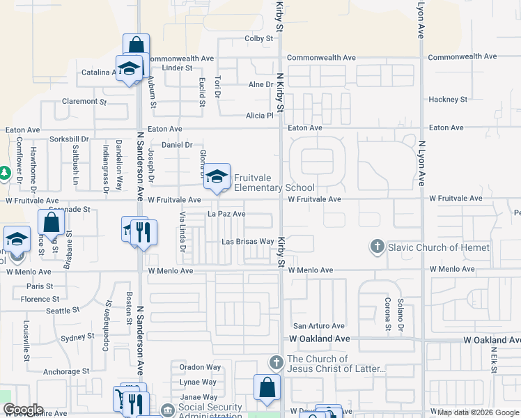 map of restaurants, bars, coffee shops, grocery stores, and more near 2616 La Paz Avenue in Hemet