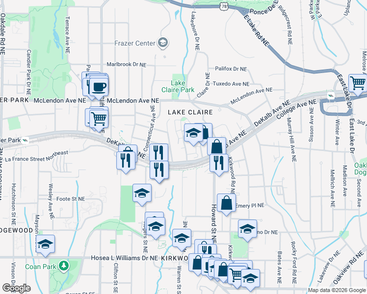 map of restaurants, bars, coffee shops, grocery stores, and more near 266 Hampton Terrace Northeast in Atlanta